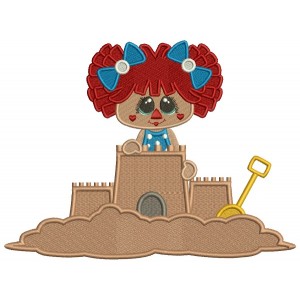 Little Girl Playing Building a Sand Castle Filled Machine Embroidery Design Digitized Pattern